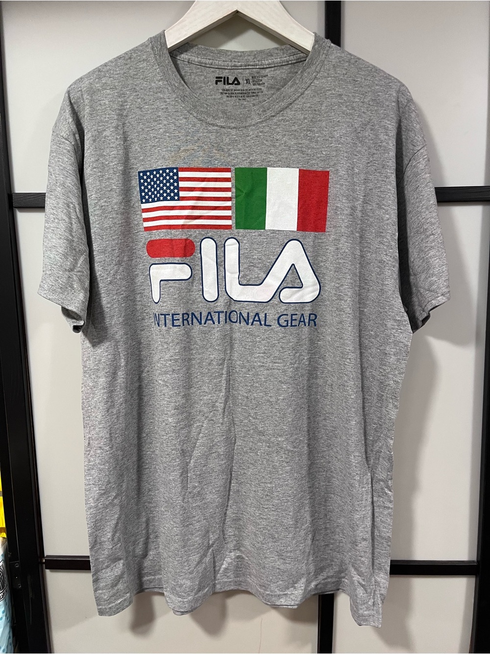 FILA International Gear T-Shirt Grey Flags Mens XL USA Italy Graphic Tee